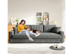 Grande sofá em veludo canelado com 2 almofadas - Cinza - 256 x 89 x 88 cm