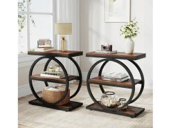 Guarda - coisas estreita com 3 níveis, Mesa de sala em madeira com estrutura em metal preto, Mesa baixa industrial para sofá