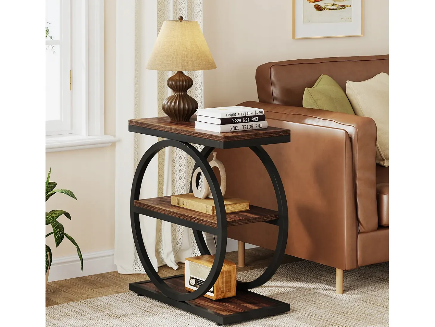 Guarda - coisas estreita com 3 níveis, Mesa de sala em madeira com estrutura em metal preto, Mesa baixa industrial para sofá