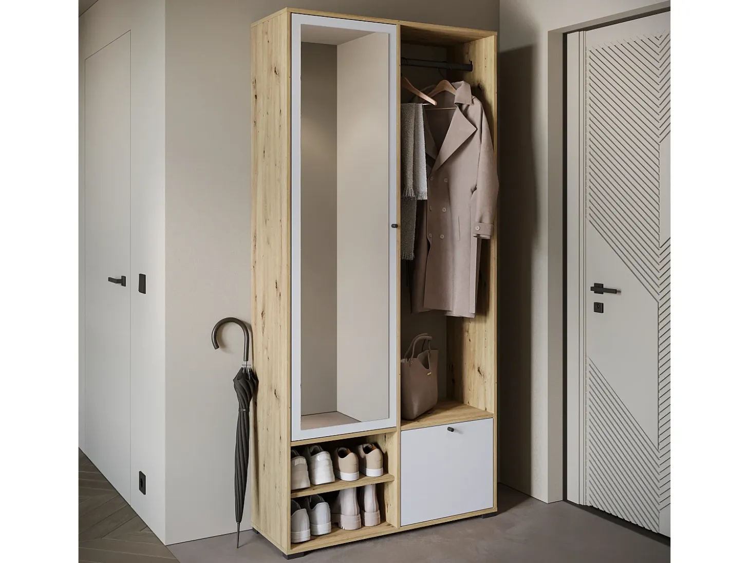 Guarda roupa moderna 90 cm roupeiro de entrada com espelho prateleiras e varão mate artisan branco