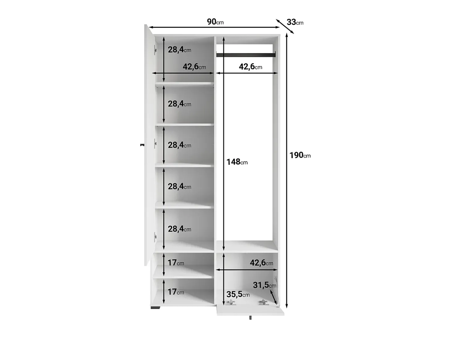 Guarda roupa moderna 90 cm roupeiro de entrada com espelho prateleiras e varão mate branco
