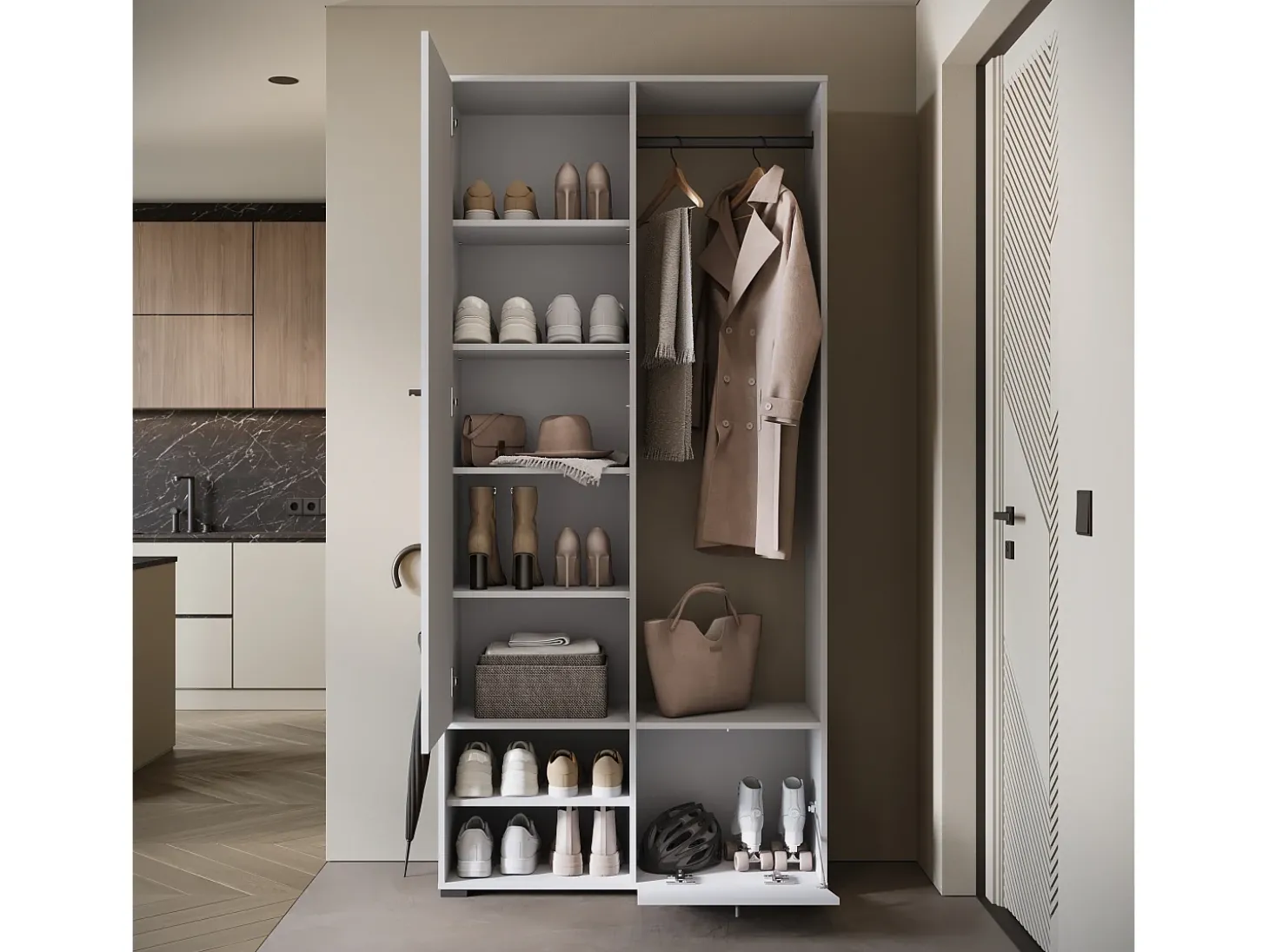 Guarda roupa moderna 90 cm roupeiro de entrada com espelho prateleiras e varão mate branco