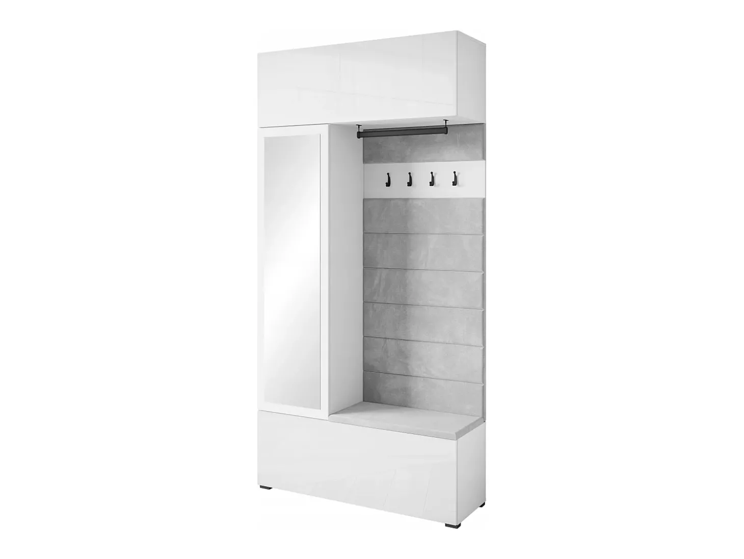 Guarda roupa moderno roupeiro de entrada com espelho assento e prateleiras frentes branco brilho corpo branco mate