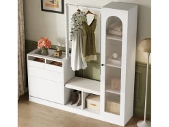 Guarda-roupa 6 em 1 - 163 x 35 x 161 cm - espelho + banco e sapateira + vitrina + LEDs - aglomerado - branco