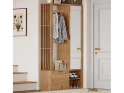 Guarda-roupa 6 em 1 - 100 x 33 x 190 cm - com espelho + cabideiro + 2 portas - aglomerado - natural