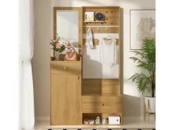 Guarda-roupa com espelho - 105 x 38 x 180 cm - com ganchos + 2 gavetas + 1 porta - aglomerado - natural