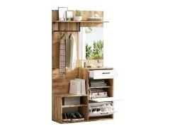 Guarda-roupa de entrada 100×38,5×190 cm - com espelho e organizador de sapatos - com 1 gaveta e 2 compartimentos - branco + natural