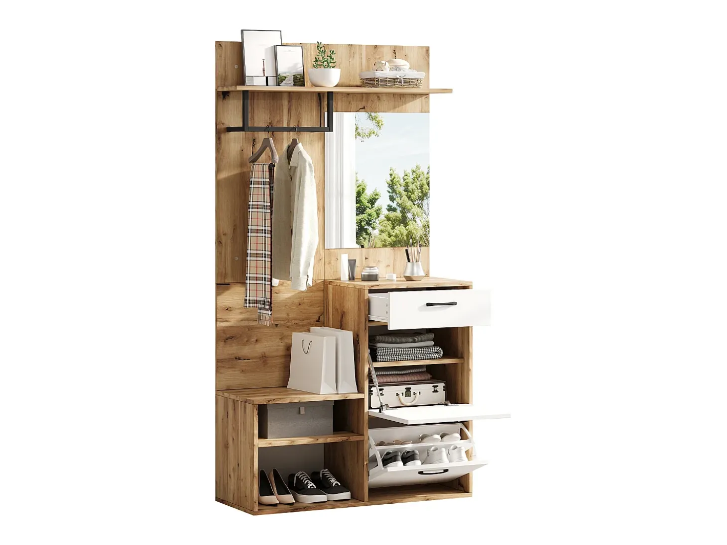 Guarda-roupa de entrada 100×38,5×190 cm - com espelho e organizador de sapatos - com 1 gaveta e 2 compartimentos - branco + natural
