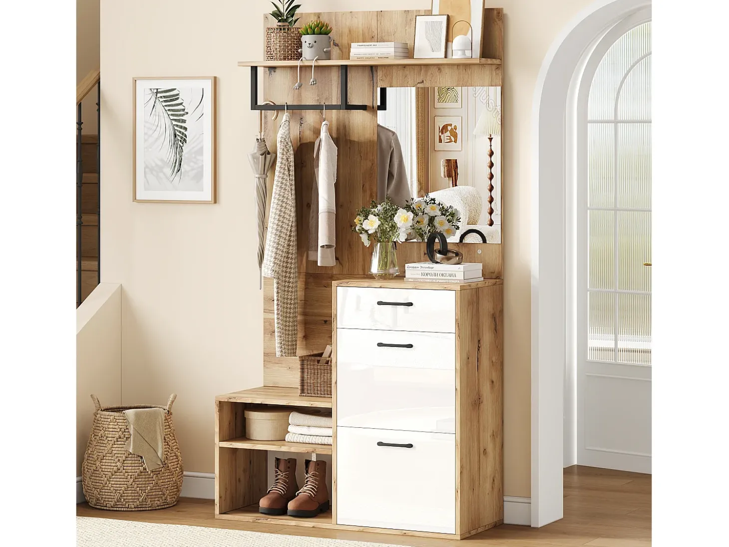 Guarda-roupa de entrada 100×38,5×190 cm - com espelho e organizador de sapatos - com 1 gaveta e 2 compartimentos - branco + natural