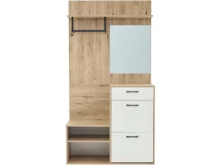 Guarda-roupa de entrada 100×38,5×190 cm - com espelho e organizador de sapatos - com 1 gaveta e 2 compartimentos - branco + natural