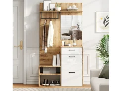 Guarda-roupa de entrada 100×38,5×190 cm - com espelho e organizador de sapatos - com 1 gaveta e 2 compartimentos - branco + natural