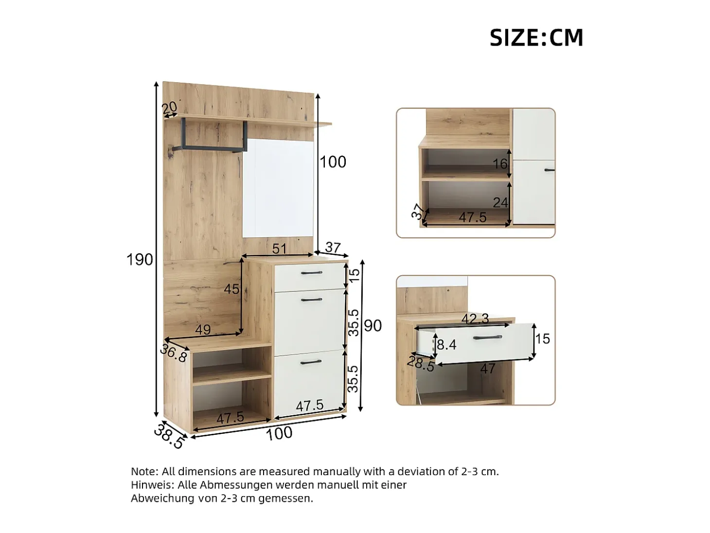 Guarda-roupa de entrada 100×38,5×190 cm - com espelho e organizador de sapatos - com 1 gaveta e 2 compartimentos - branco + natural