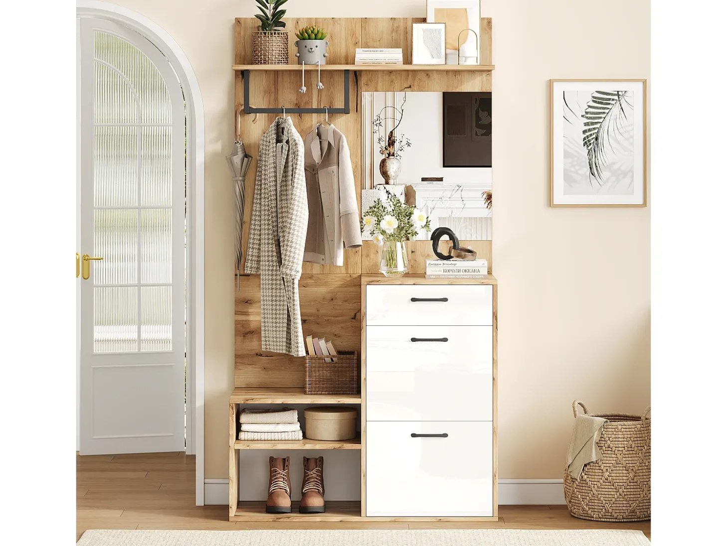 Guarda-roupa de entrada 100×38,5×190 cm - com espelho e organizador de sapatos - com 1 gaveta e 2 compartimentos - branco + natural