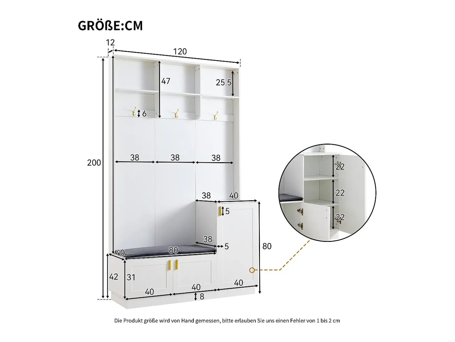 Guarda-roupa de entrada moderno - com cabideiro e armazenamento para sapatos - Banco com armazenamento - com 3 ganchos - Branco