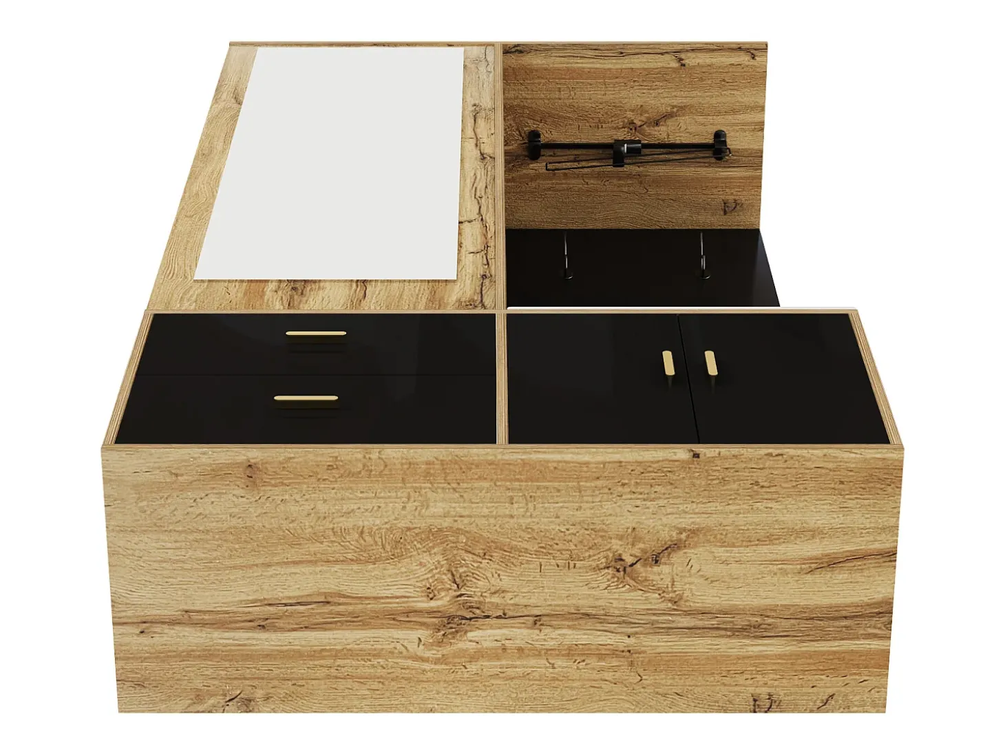 Guarda-roupa 100x38x108.1 cm - Com espelho - Com sapateiro - Com ganchos e cabides retráteis - Preto + Natural