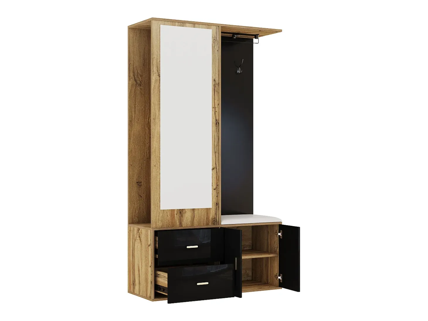 Guarda-roupa 100x38x108.1 cm - Com espelho - Com sapateiro - Com ganchos e cabides retráteis - Preto + Natural