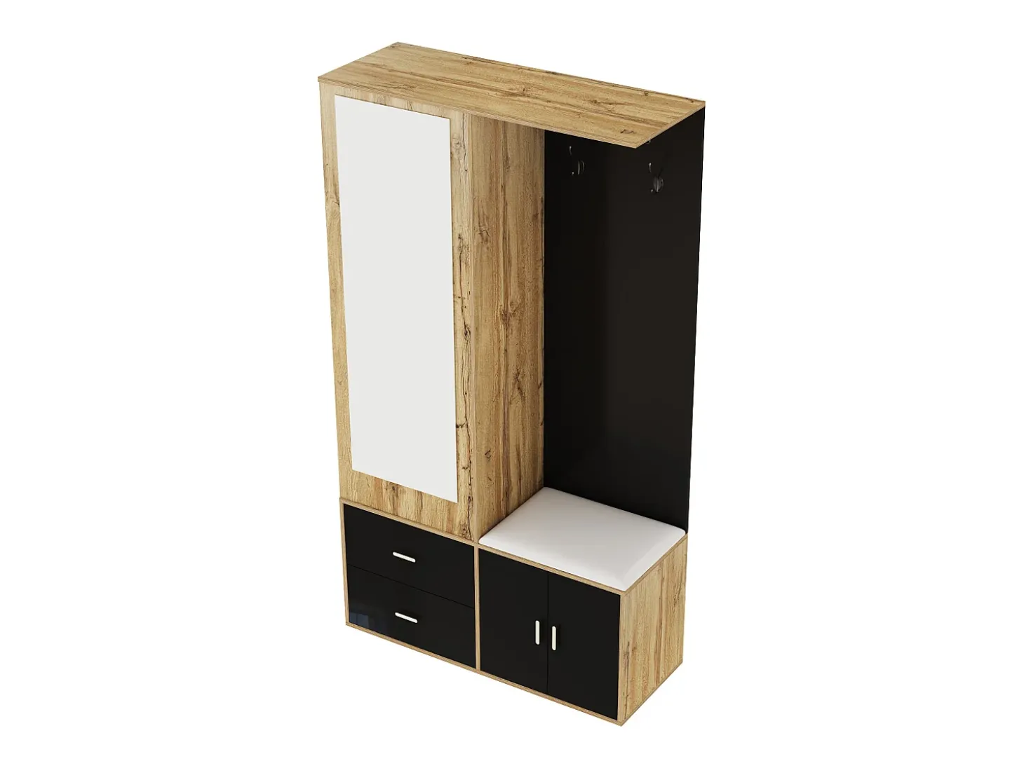 Guarda-roupa 100x38x108.1 cm - Com espelho - Com sapateiro - Com ganchos e cabides retráteis - Preto + Natural