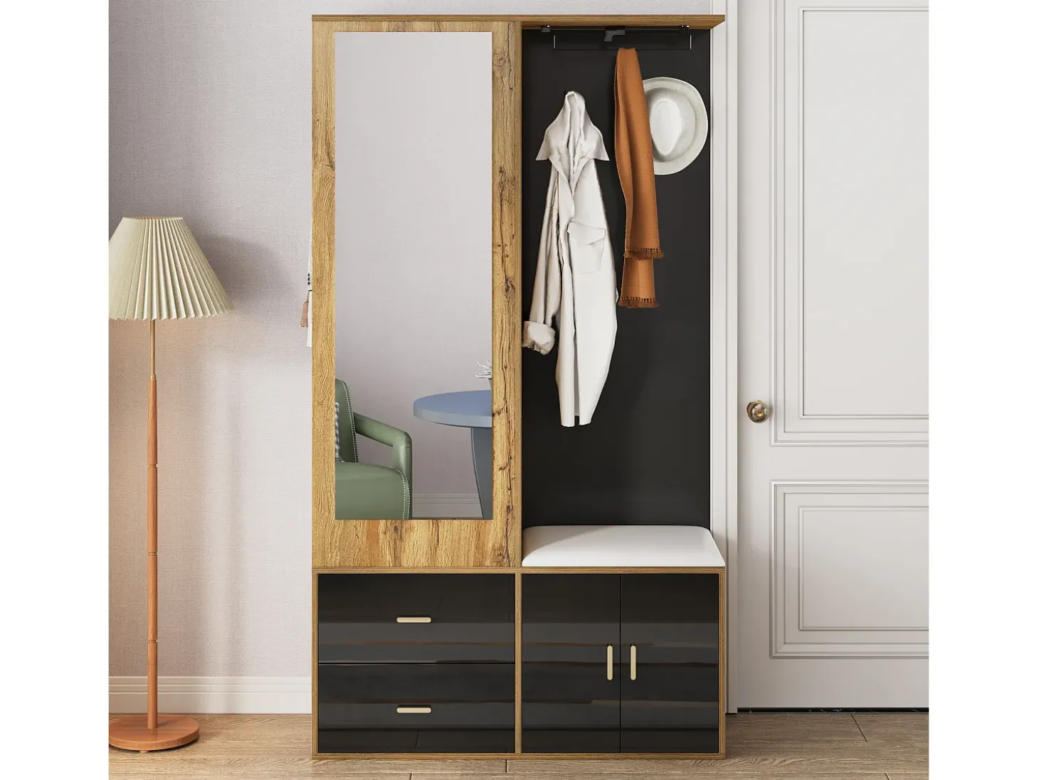 Guarda-roupa 100x38x108.1 cm - Com espelho - Com sapateiro - Com ganchos e cabides retráteis - Preto + Natural