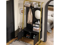 Guarda-roupa/armário de armazenamento com espelho + sapateira - ganchos de metal - 78 x 38,5 x 180,5 cm - MDF - preto