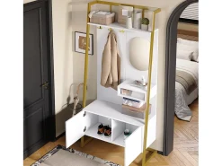 Guarda-roupa/armário de armazenamento com espelho + sapateira - ganchos de metal - 78 x 38,5 x 180,5 cm - MDF - branco