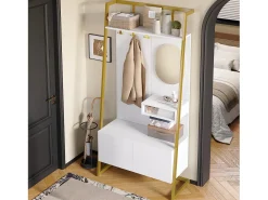 Guarda-roupa/armário de armazenamento com espelho + sapateira - ganchos de metal - 78 x 38,5 x 180,5 cm - MDF - branco