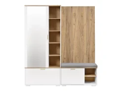 Guarda-roupa/cabideiro - 160 x 38 x 180 cm - com armário e banco para sapatos + varão para pendurar roupas + 4 ganchos + espelho + portas - aglomerado - branco