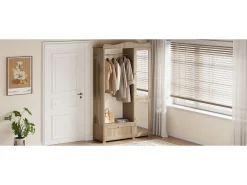 Guarda-roupa/closet moderno e compacto - 115,5 x 38,5 x 194,5 cm - com espelho + espaço aberto para pendurar roupas + gaveta + 2 portas - MDF - cor natural