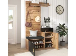 Hall de Entrada com Espelho e Móvel para Sapatos - Natural & Preto - Espaçoso e Elegante