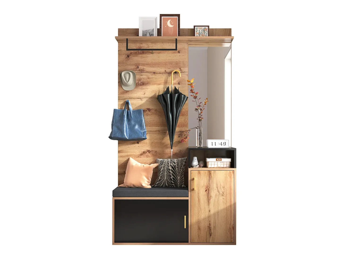 Hall de Entrada com Espelho e Móvel para Sapatos - Natural & Preto - Espaçoso e Elegante