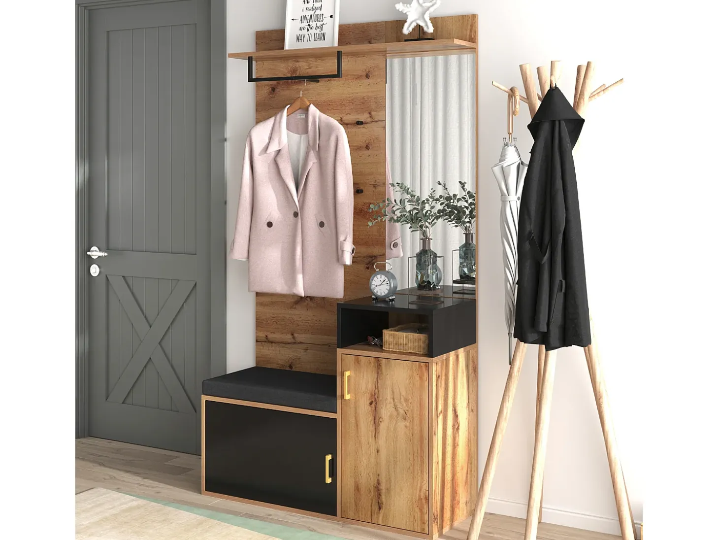 Hall de Entrada com Espelho e Móvel para Sapatos - Natural & Preto - Espaçoso e Elegante