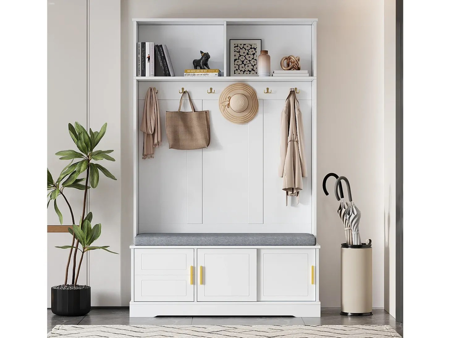 Hall de entrada moderno - com 6 ganchos e 3 portas - com banco e prateleiras abertas - Branco
