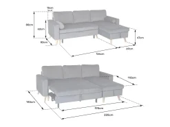 JAMES Sofá-cama de canto de 3 lugares em veludo cinzento
