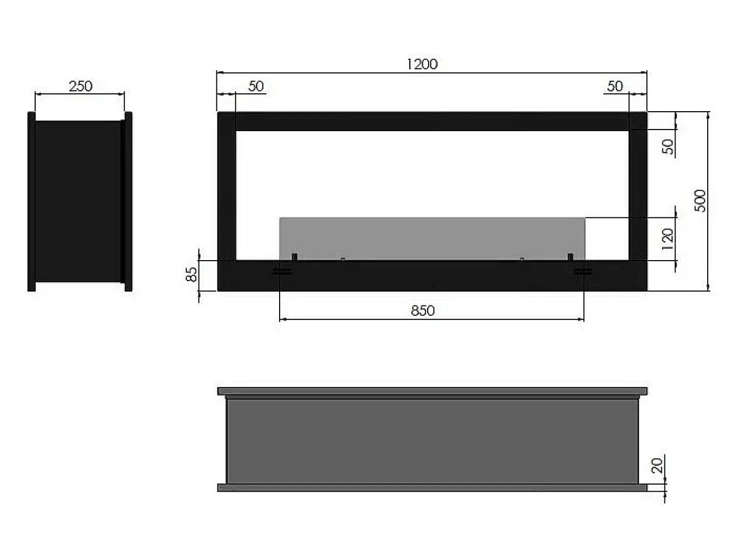 Lareira a bioetanol de parede design de parede dupla face preta mate com vidro protetor 2 lados 1200
