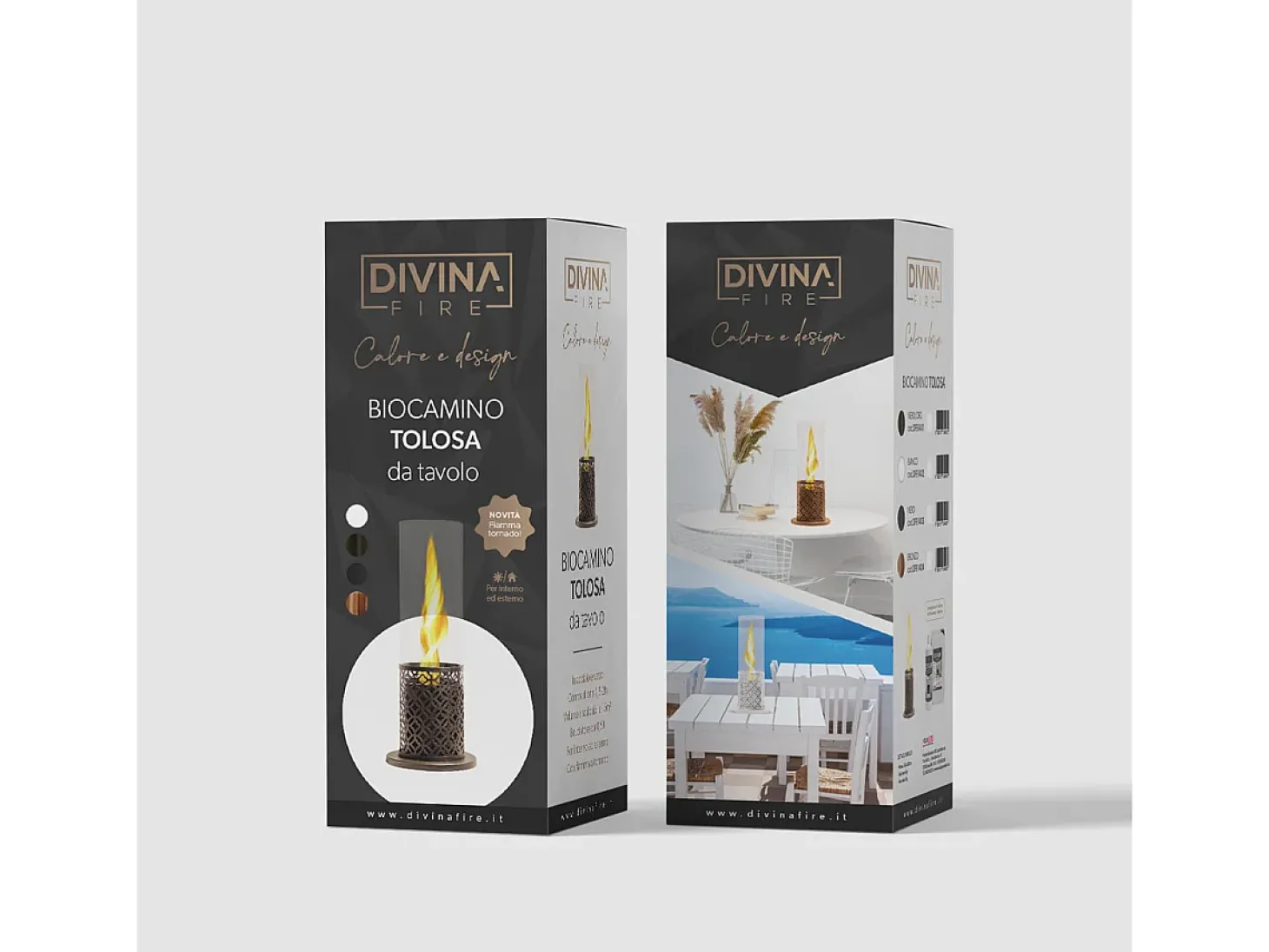 Lareira de mesa TOLOSA Black Gold a bioetanol, dimensões D20 x A49,5, para uso interno e externo.