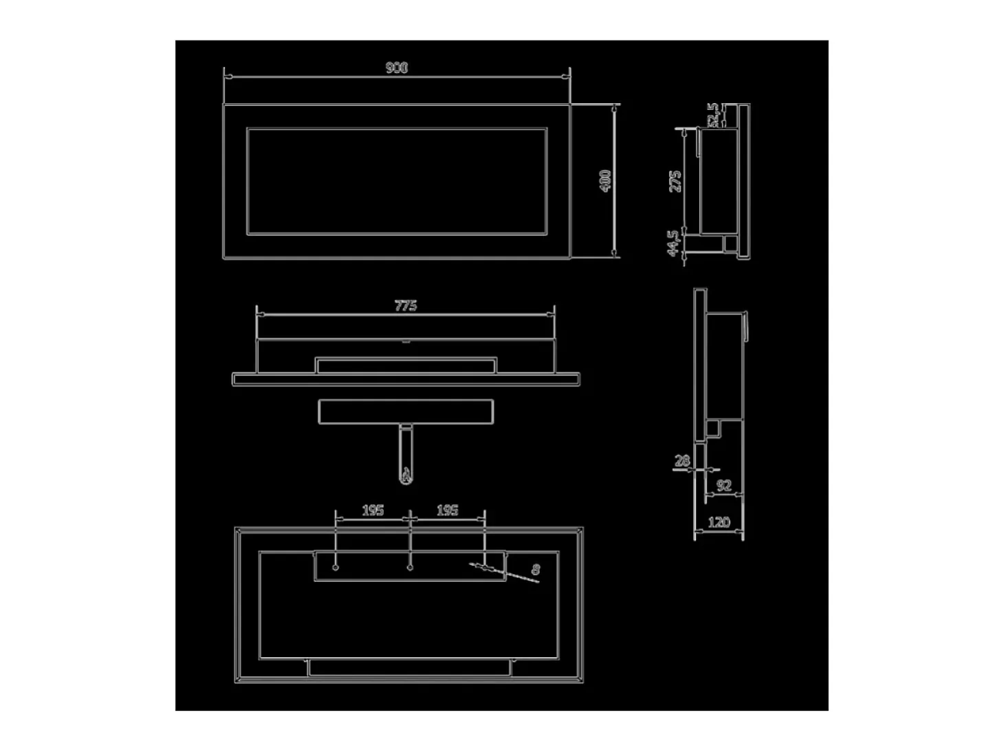 Lareira de parede ou embutida a bioetanol Lucca Nero L 90 x D 12 x H 40