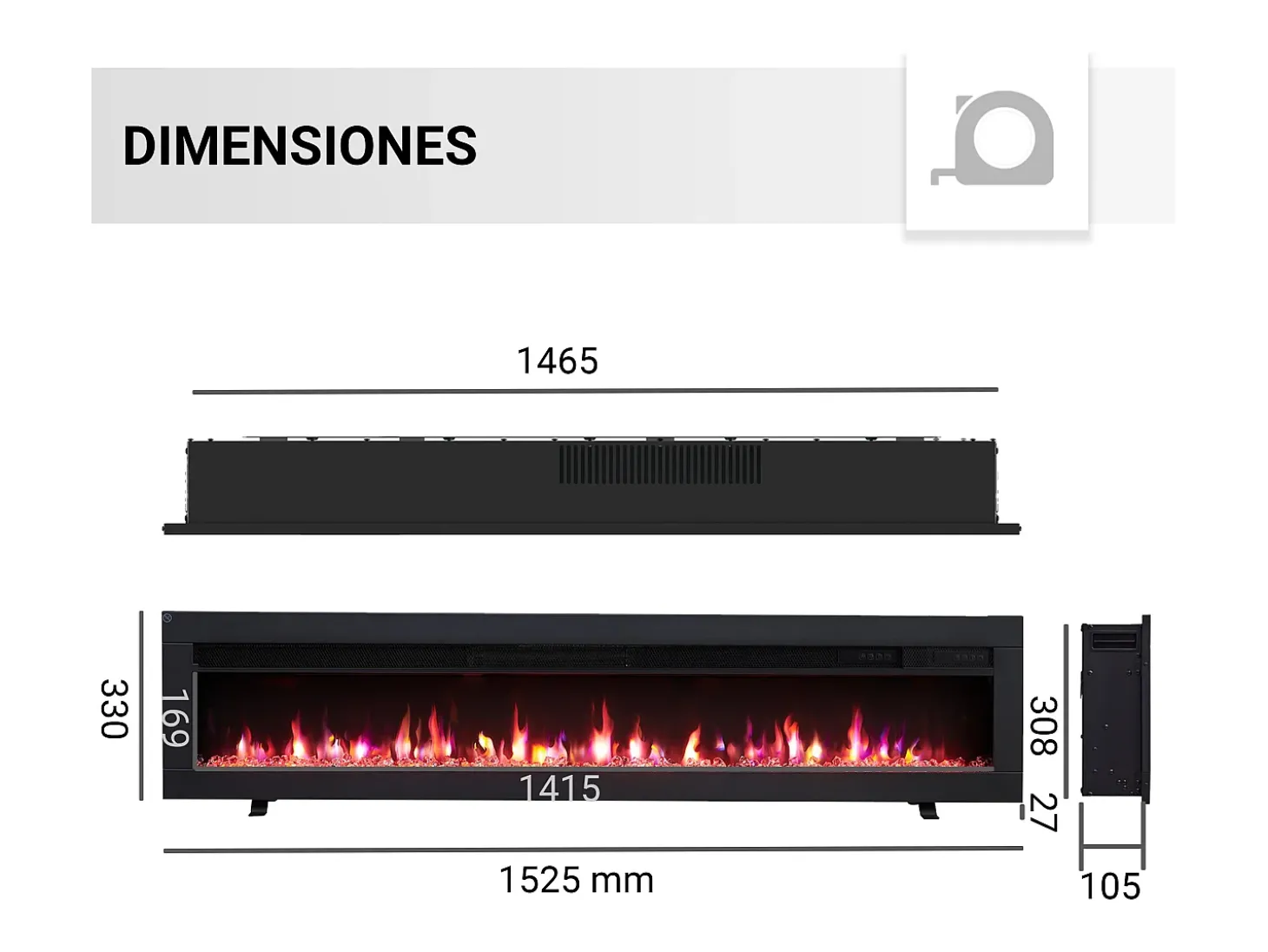 Lareira elétrica BALDERIA Agnes 60 - Lareira de parede ou embutida - Preto