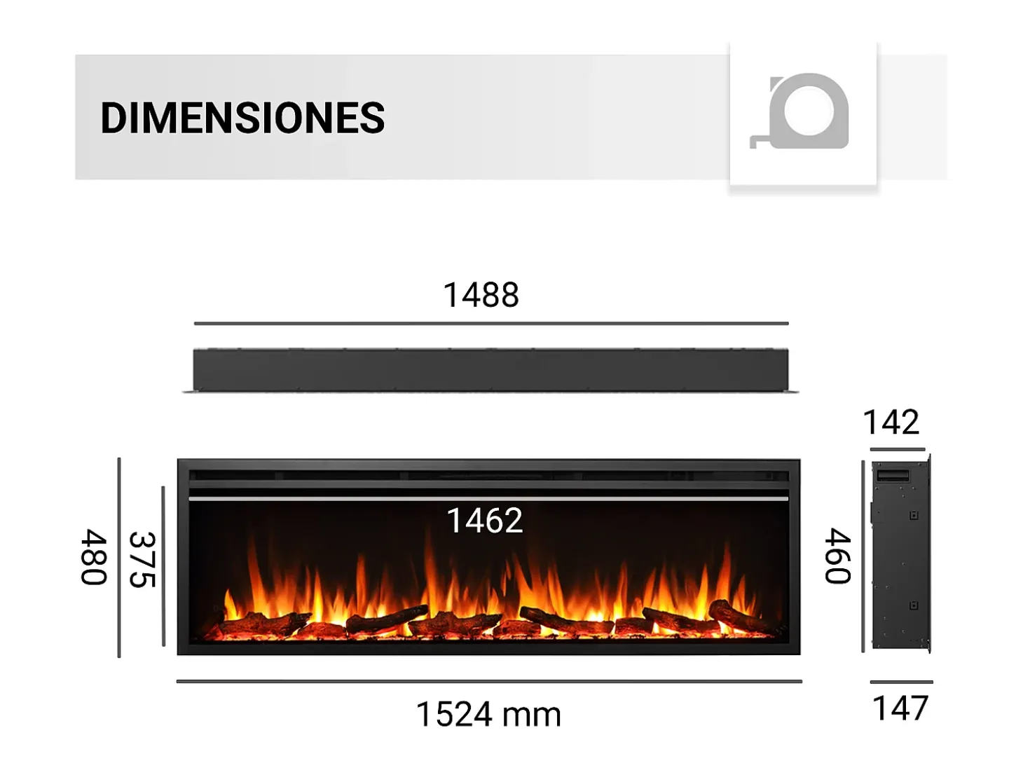 Lareira elétrica BALDERIA Atalanta 60 - Lareira embutida, 1500 W - Preto