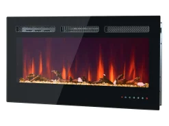 Lareira elétrica com 12 cores de chama - Montagem na parede ou embutida - Preta 106,5×46,5×12