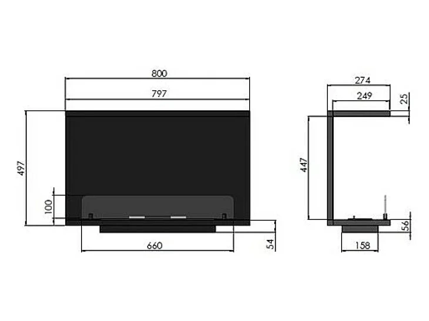 Lareira embutida a bioetanol design C800 V2 com vidro aberto em 3 lados, queimador de 0,7 litros