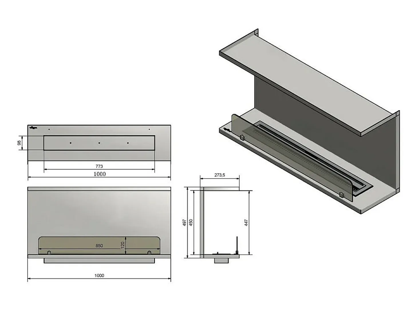 Lareira Integrada a Bioetanol Design C1000 V.2 com Vidro Aberto em 3 Faces e Queimador de 2 Litros