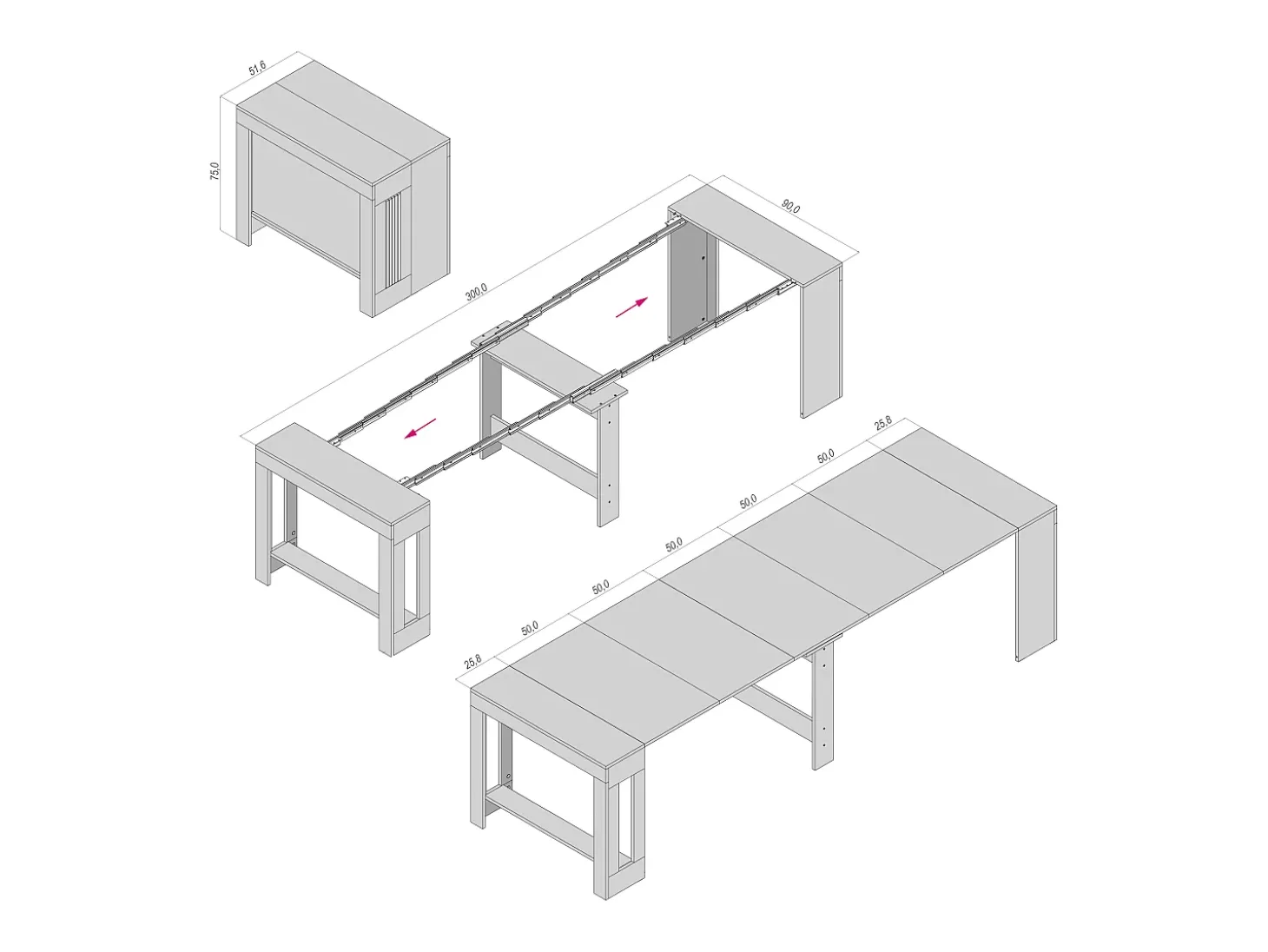 LAURA - Mesa de consola, 51,6 cm de profundidade / 3 m de comprimento - para 12 pessoas