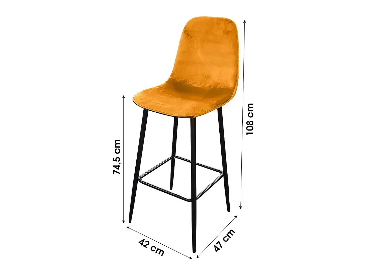 Lot de 4 tabourets LOLY, assise et dossier en velours jaune, structure en métal noir