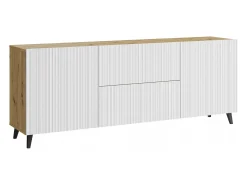 Lowboard moderno 180 cm carvalho artisan com frentes brancas caneladas, 2 gavetas e 2 armários laterais