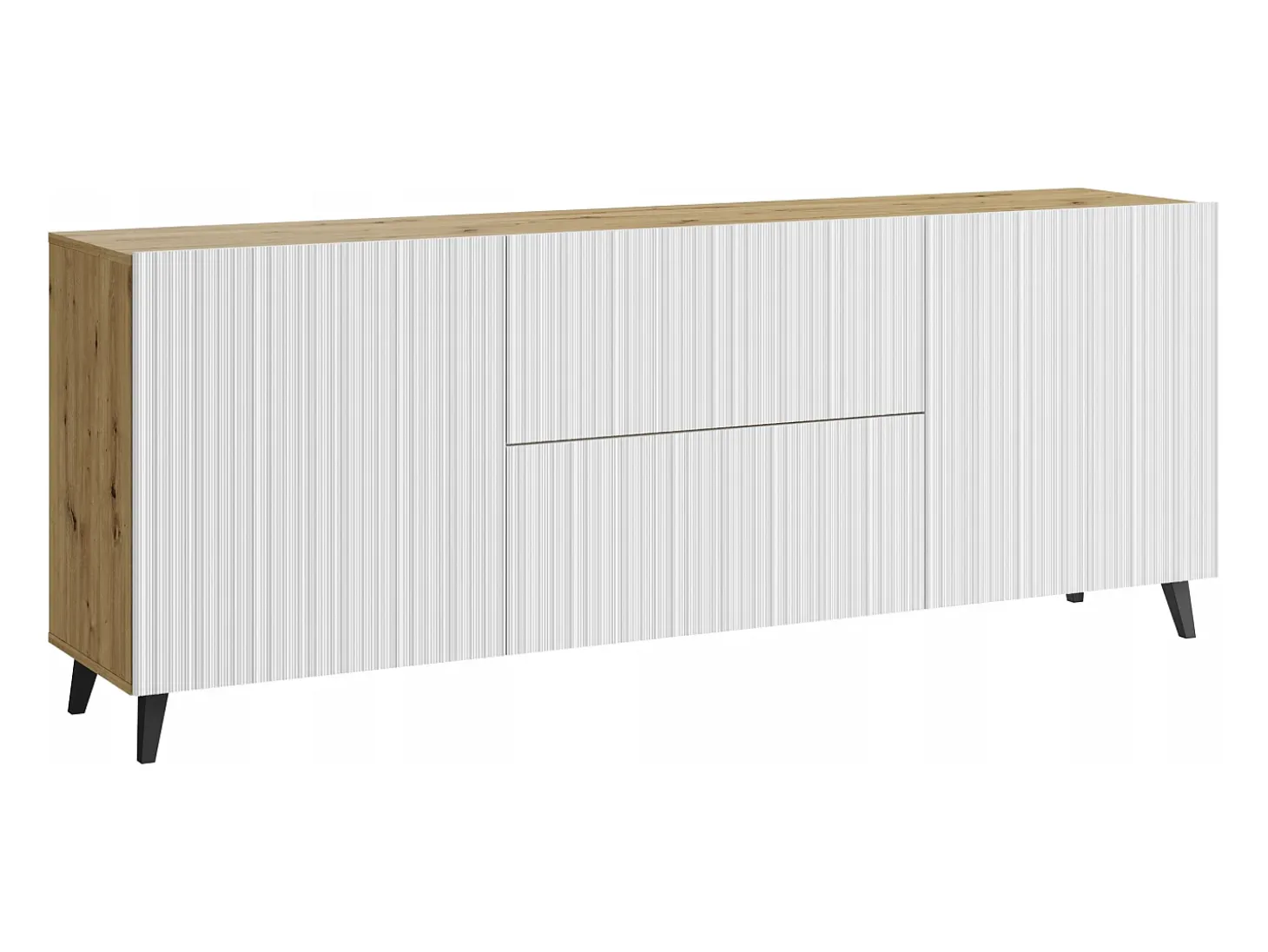 Lowboard moderno 180 cm carvalho artisan com frentes brancas caneladas, 2 gavetas e 2 armários laterais
