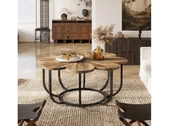 Mesa Baixa Marrom e Preta, Mesa Auxiliar Moderna de 100 cm com Tampo de Madeira em Forma de Flor e Estrutura de Metal para Sala de Estar, Quarto