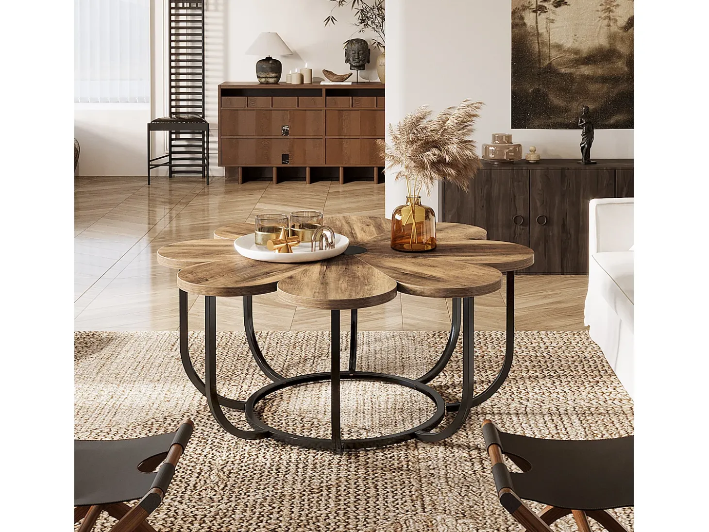 Mesa Baixa Marrom e Preta, Mesa Auxiliar Moderna de 100 cm com Tampo de Madeira em Forma de Flor e Estrutura de Metal para Sala de Estar, Quarto