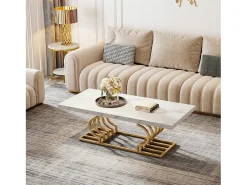 Mesa Baixa Moderna, Mesa de Coquetel de Falso Mármore com Base Geométrica, Mesa Auxiliar de Sofá Retangular, Branco e Dourado