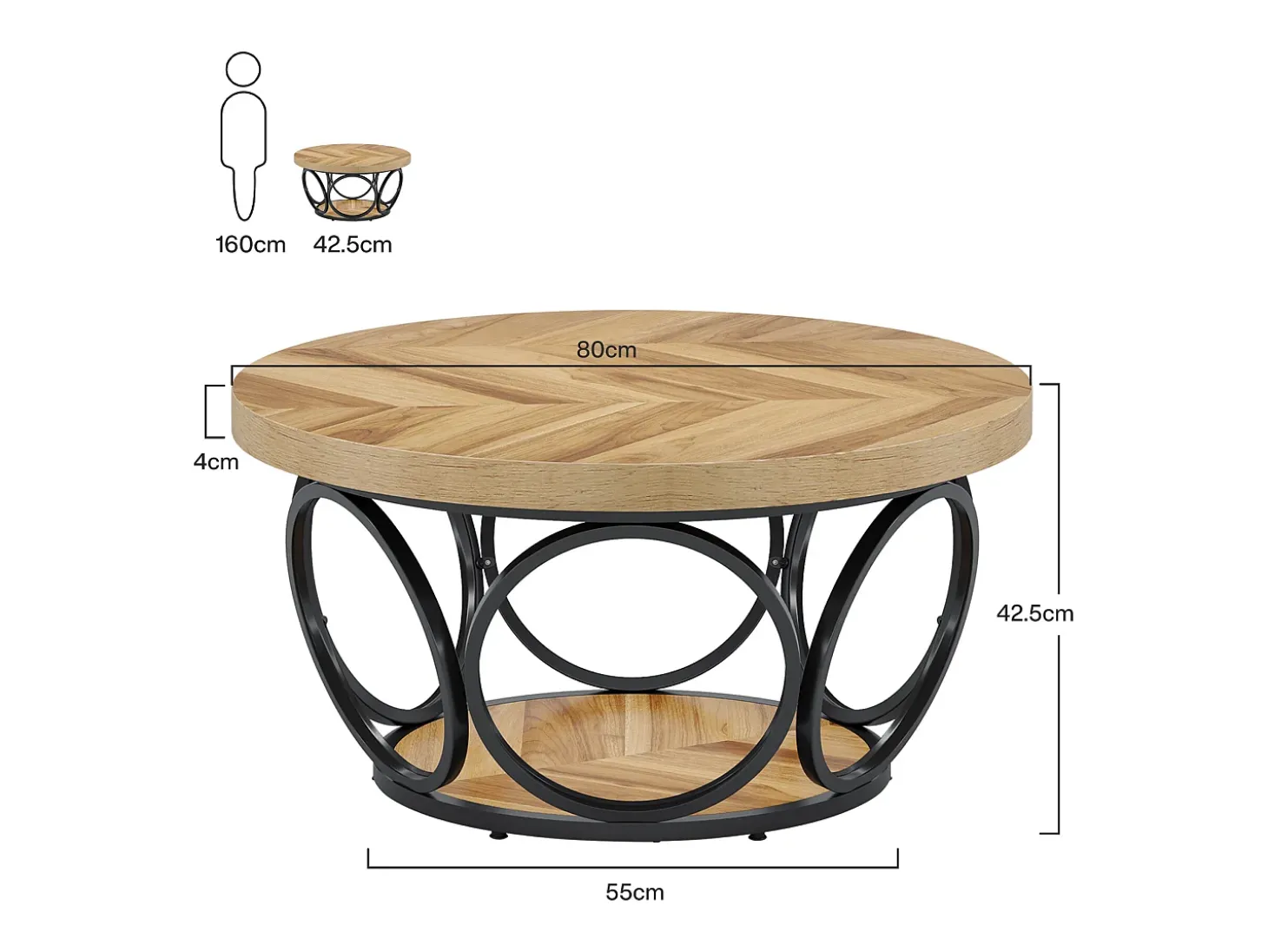 Mesa Baixa Redonda, Mesa de Sala, Mesa do Sofá, Estrutura de Metal, Mesa Baixa de 2 andares, Mesa Baixa, Fácil de Montar, Grão de Madeira