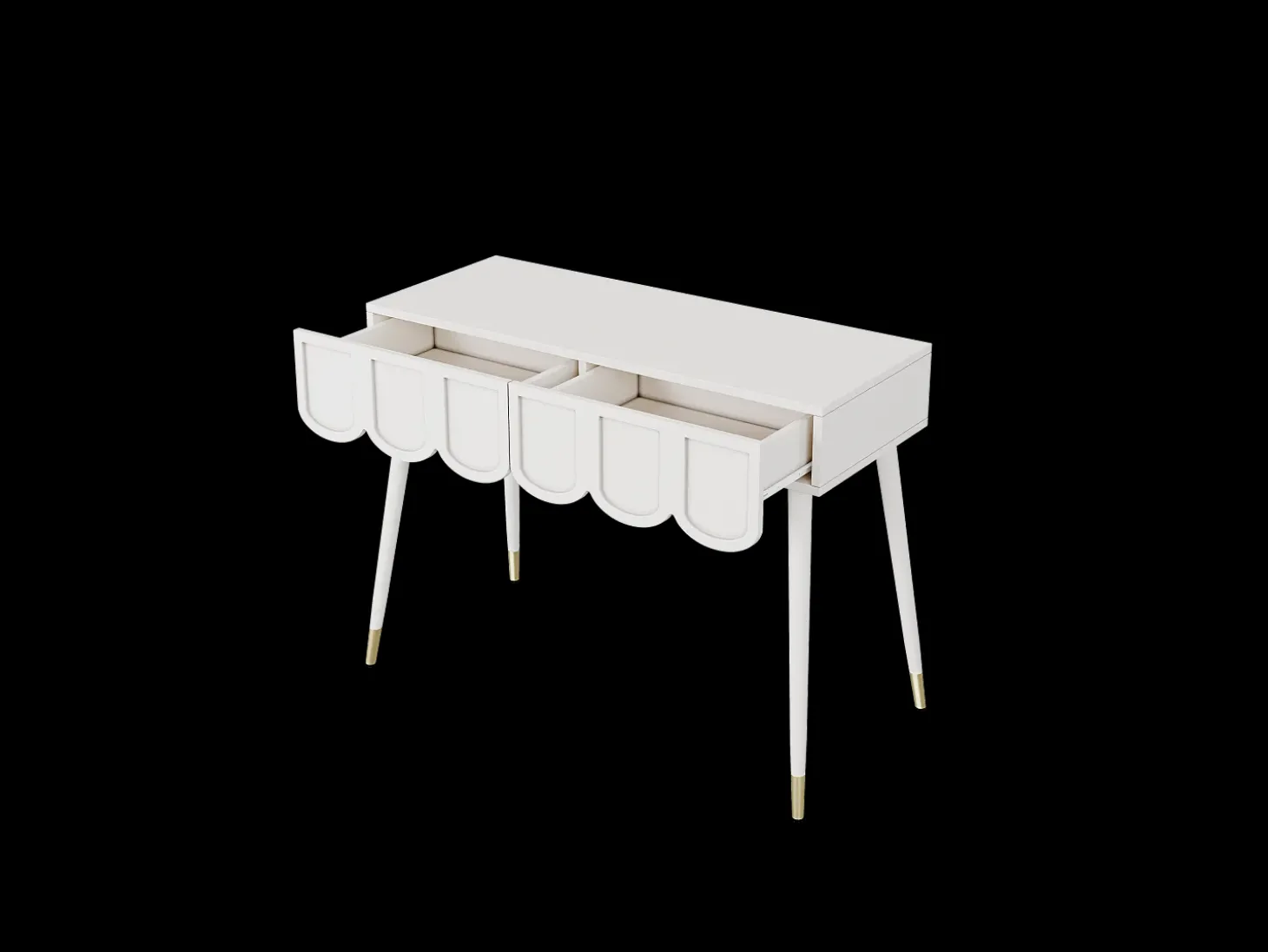 Mesa consola com 2 gavetas em forma de nuvem - Pés em metal - Branco e dourado