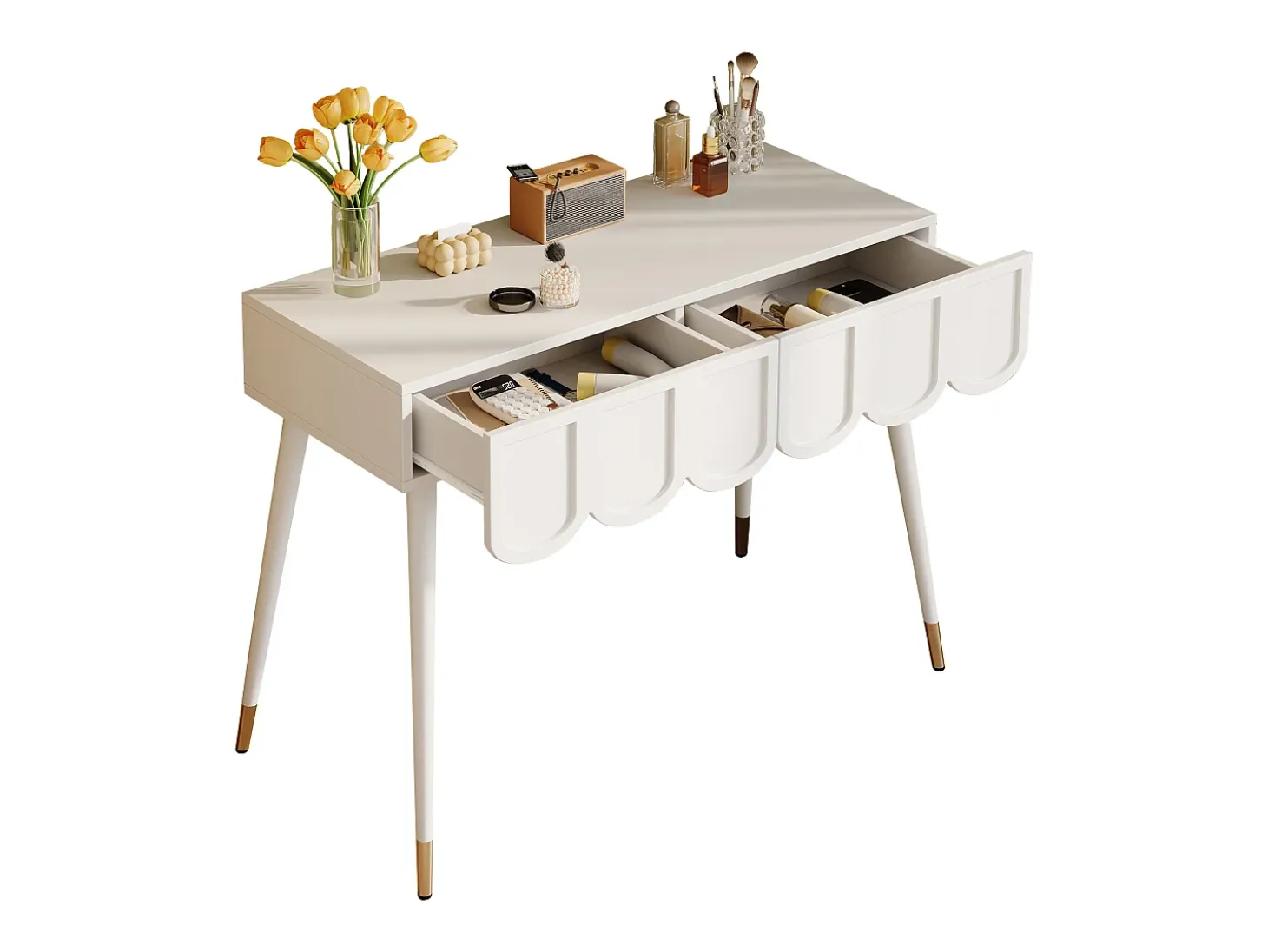 Mesa consola com 2 gavetas em forma de nuvem - Pés em metal - Branco e dourado